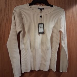 Adrianna Papell Cable Knit Scalloped Neck Sweater Long Sleeve Pullover, Medium